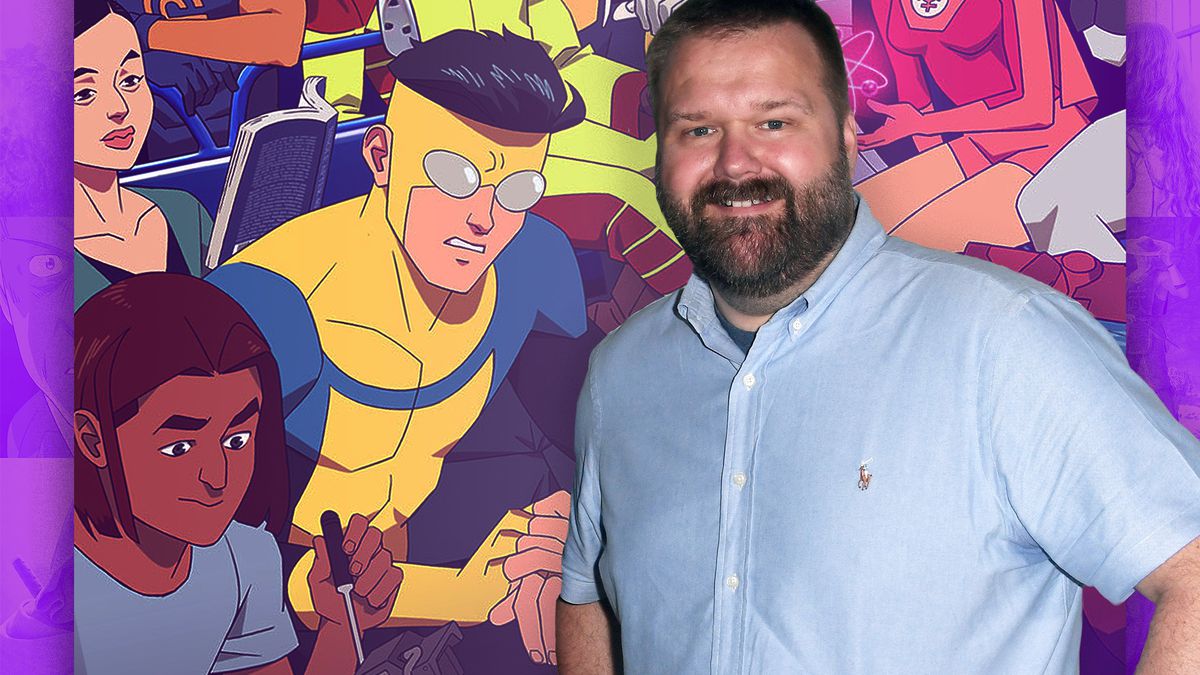 Robert Kirkman stands in front of animated characters from Invincible, with a pink background.
