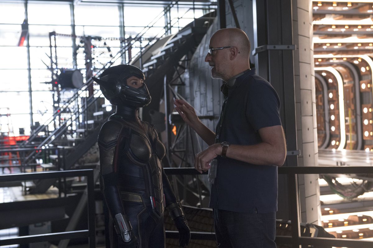 Peyton Reed and Evangeline Lilly on Ant Man and the Wasp set