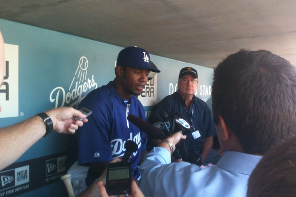 Hanley Ramirez met with reporters prior to Monday's game with Arizona, his first home game as a Dodger.