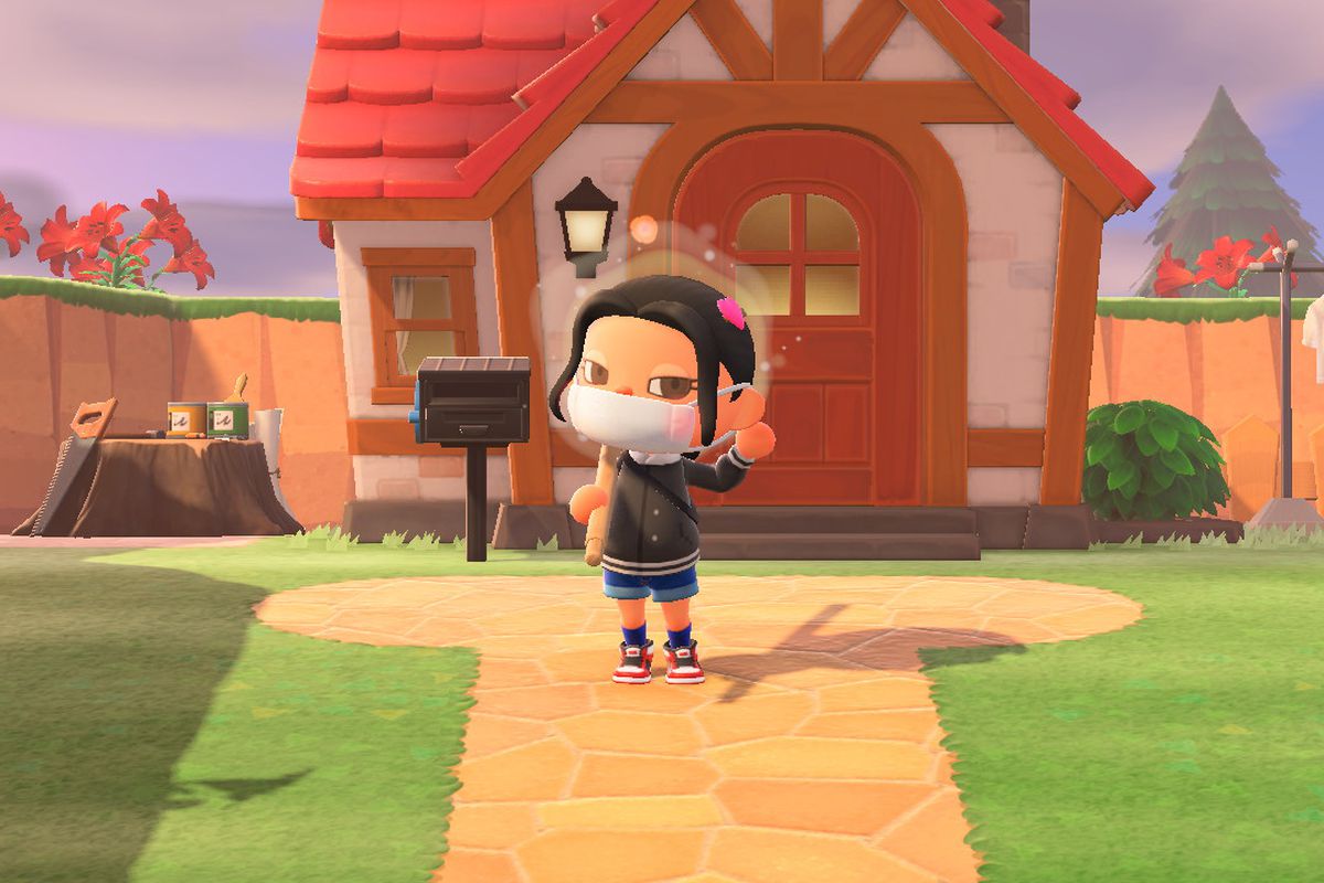 An Animal Crossing character blushes in front of her home