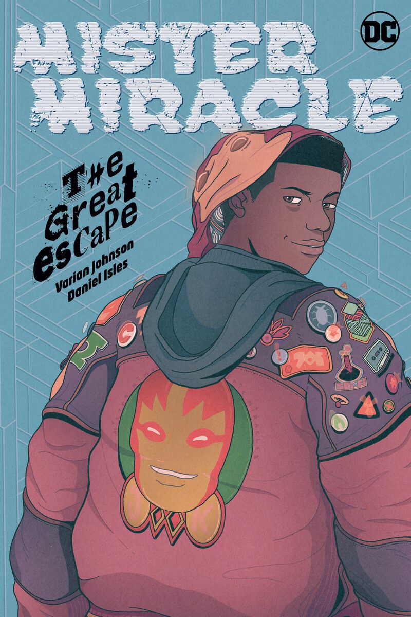 Scott Free looks over his shoulder smiling, wearing a puffy jacket with Mister Miracle’s face on the back on the cover of Mister Miracle: The Great Escape (2022). 