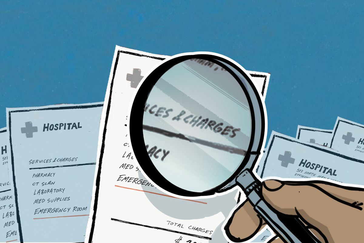 An illustration of a hand-held magnifying glass looking at a medical bill.