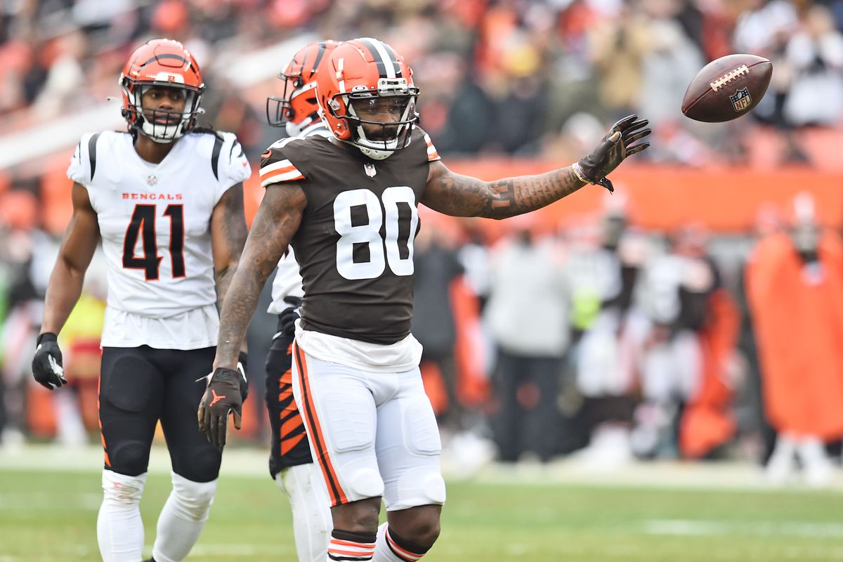 Cleveland Browns wide receiver Jarvis Landry (80) reacts after making a first down catch during the first half against the Cincinnati Bengals at FirstEnergy Stadium.