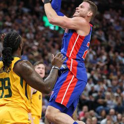 Detroit Pistons forward Blake Griffin (23) goes to the hoop against Utah Jazz forward Jae Crowder (99) at Vivint Smart Home Arena in Salt Lake City on Tuesday, March 13, 2018.