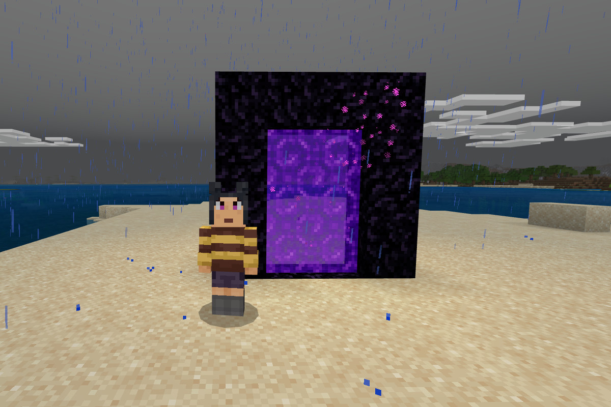 A Minecraft character in a striped sweater stands next to a Nether Portal