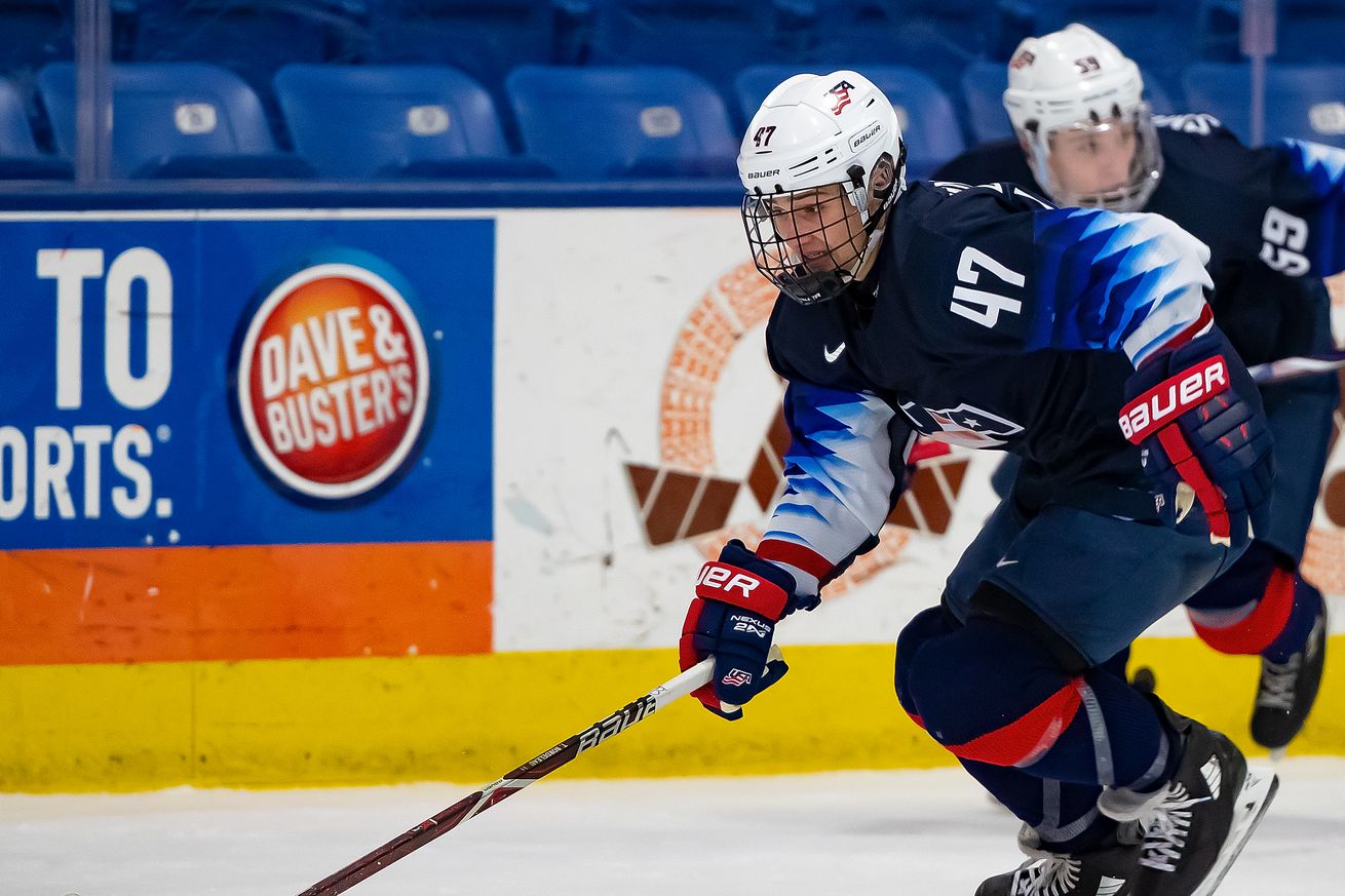 Thomas Bordeleau #47 of the U.S. Nationals skates up ice with the puck against the Switzerland Nationals during day-2 of game two of the 2018 Under-17 Four Nations Tournament at USA Hockey Arena on December 12, 2018 in Plymouth, Michigan. USA defeated Switzerland 3-1.