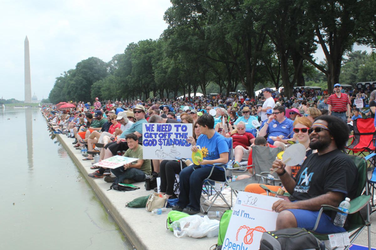 Crowds of atheists and other freethinkers assembled by the Lincoln Memorial reflecting pool for the Reason Rally on June 4, 2016 in Washington, D.C.