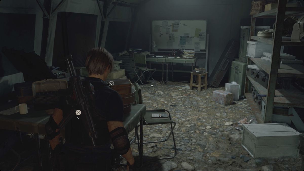 Resident Evil 4&nbsp;remake&nbsp;Leon inside a large tent in the Campsite