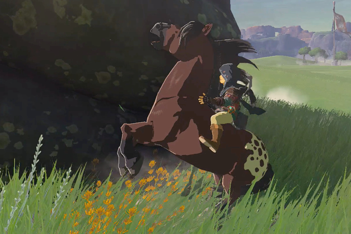 The Legend of Zelda: Tears of the Kingdom Link soothing and taming a wild horse