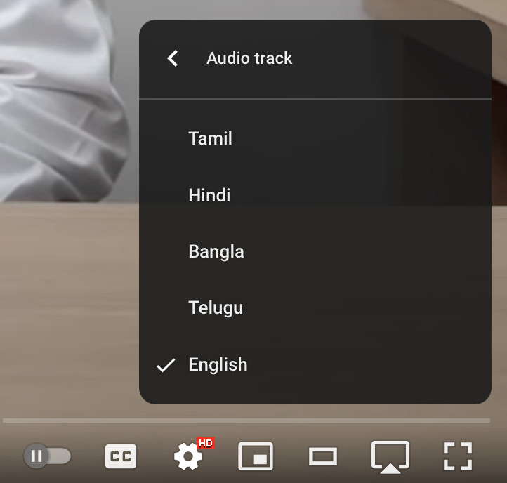 Screenshot of audio track UI on YouTube.