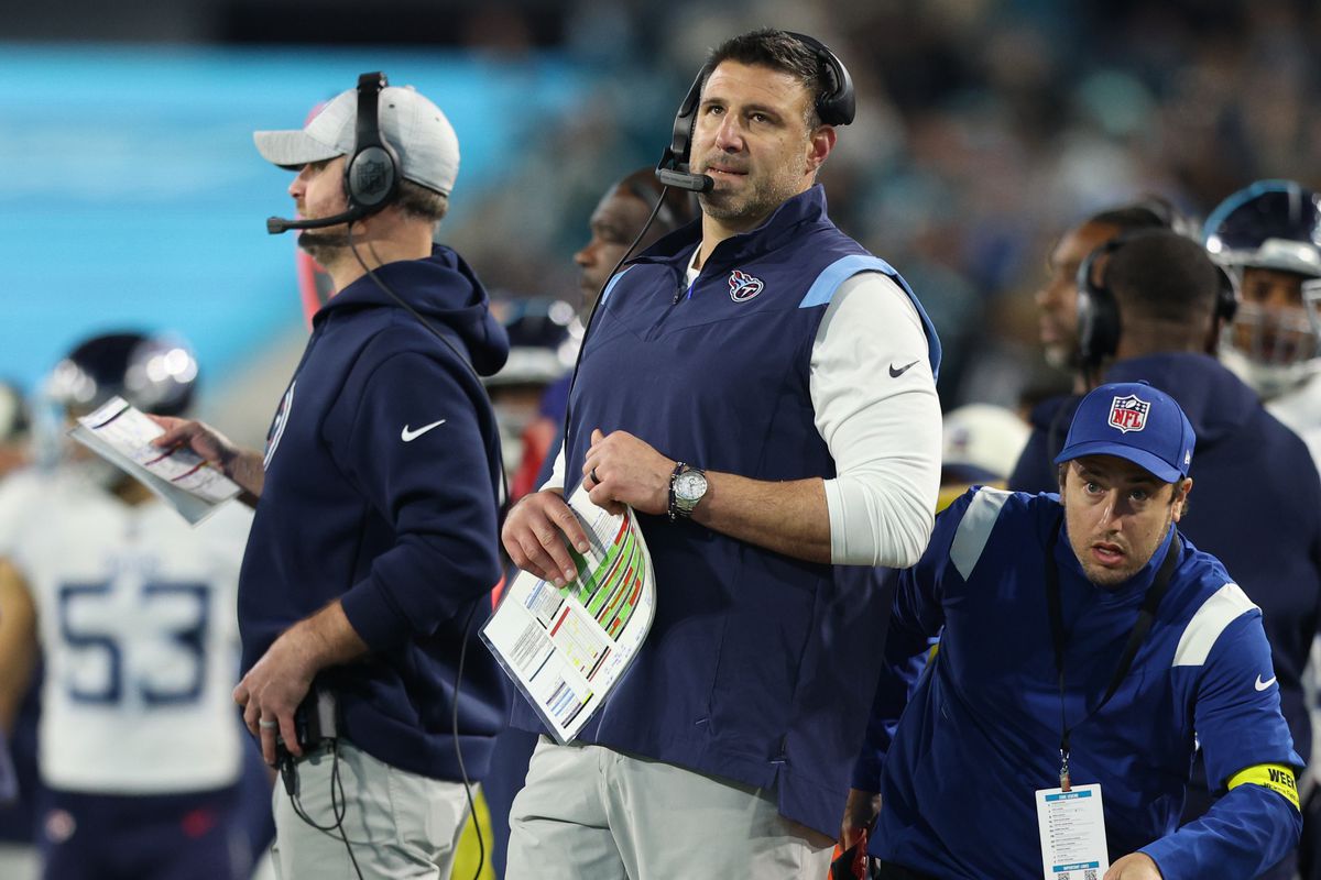 Jan 7, 2023; Jacksonville, Florida, USA; Tennessee Titans head coach Mike Vrabel looks on from the sidelines against the Jacksonville Jaguars in the second quarter at TIAA Bank Field. Mandatory Credit: Nathan Ray Seebeck