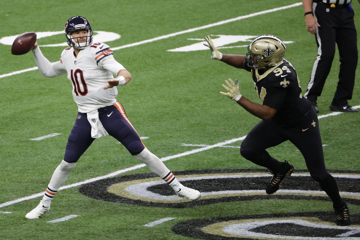 Chicago Bears quarterback Mitchell Trubisky (10) throws under pressure against New Orleans Saints defensive end Cameron Jordan (94) during the second half in the NFC Wild Card game at Mercedes-Benz Superdome.&nbsp;