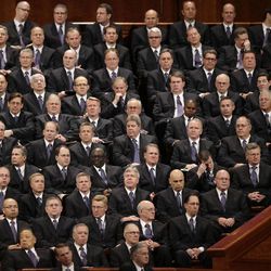 Members of the Mormon Tabernacle Choir look on during the 183rd Annual General Conference of The Church of Jesus Christ of Latter-day Saints Saturday, April 6, 2013, in Salt Lake City. The Mormon church is planning to build two new temples in Rio de Janeiro and Cedar City, Utah. The faith's president, Thomas S. Monson, announced the new temples on Saturday during the 183rd semi-annual general conference of The Church of Jesus Christ of Latter-day Saints. More than 100,000 members of the church have gathered in Salt Lake City to hear words of inspiration and guidance for daily living from the faith's senior leaders.  (AP Photo/Rick Bowmer) 