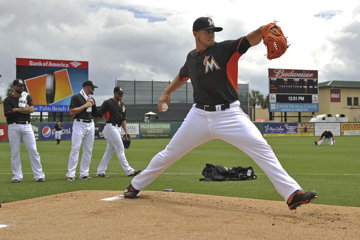 Jose Fernandez warms up at Roger Dean Stadium in the Spring. 