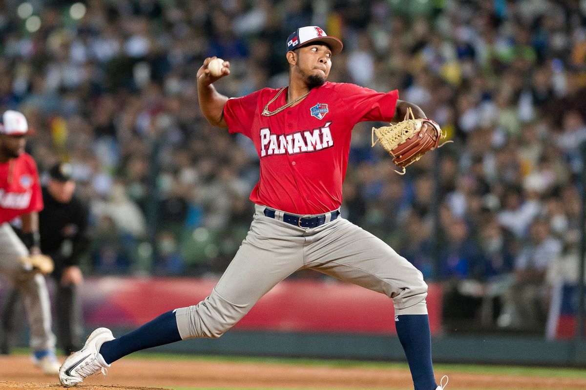 Humberto Mejía #62 pitchs at the bottom of the 1st inning during the World Baseball Classic Pool A game between Panama and Chinese Taipei at Taichung Intercontinental Baseball Stadium on March 08, 2023 in Taichung, Taiwan.