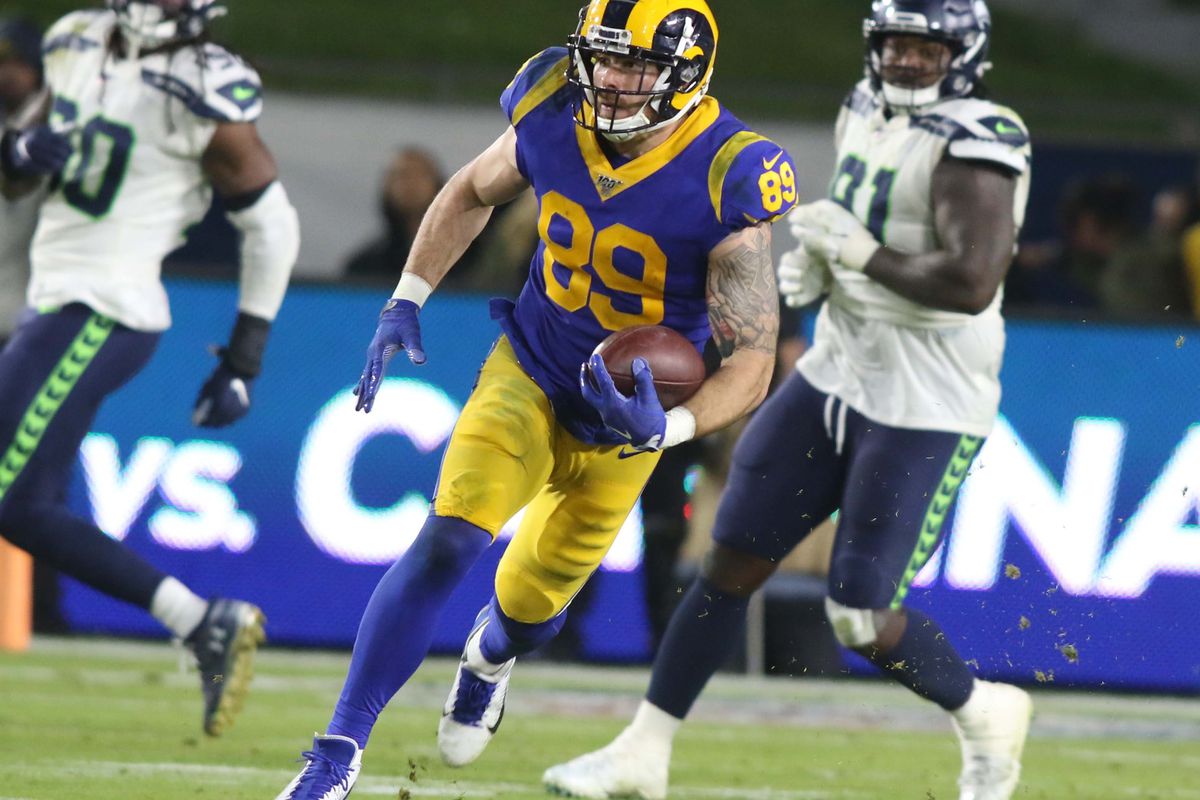 Tyler Higbee of the Rams during the Los Angeles Rams NFC West game versus the Seattle Seahawks on December 8, 2019, at the Los Angeles Memorial Coliseum in Los Angeles, CA.