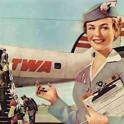 An advertisement showcasing the TWA's uniform in the 40s. Photo via <a href-"http://blogs.dallasobserver.com/unfairpark/2007/05/twa_flight_attendants_fury_at.php">the Dallas Observer.</a>