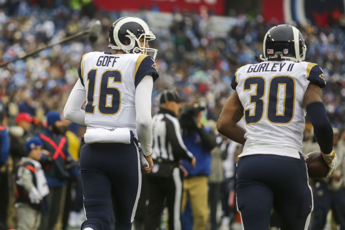 Los Angeles Rams QB Jared Goff and RB Todd Gurley come off the field against the Tennessee Titans