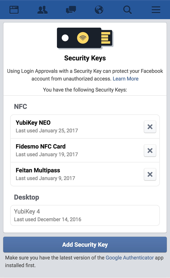 Facebook security key