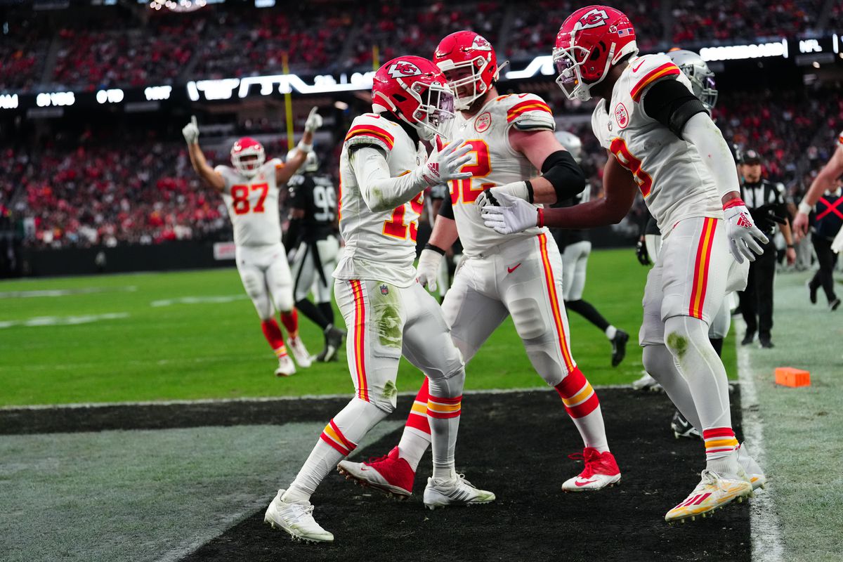 Wide receiver Kadarius Toney #19 of the Kansas City Chiefs celebrates after scoring a touchdown against the Las Vegas Raiders with teammates guard Joe Thuney #62 and wide receiver JuJu Smith-Schuster #9 during the fourth quarter at Allegiant Stadium on January 07, 2023 in Las Vegas, Nevada.