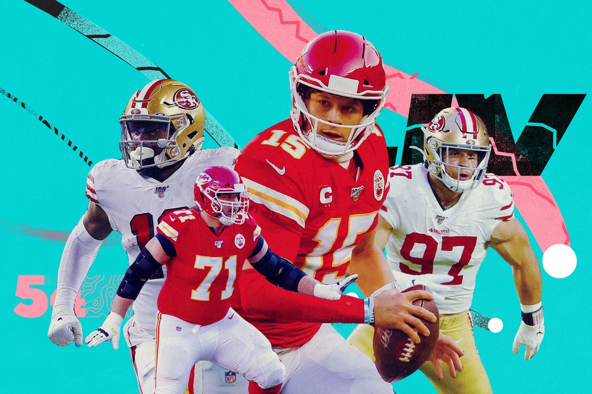 An art collage of Super Bowl 54 players: Patrick Mahomes, Mitchell Schwartz for the Chiefs; Deebo Samuel, Nick Bosa for the 49ers