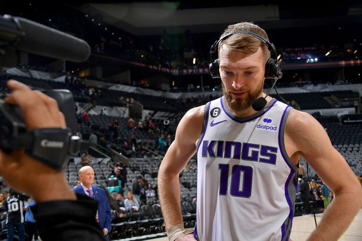 Domantas Sabonis #10 of the Sacramento Kings is interviewed after the game against the San Antonio Spurs on February 1, 2023 at the AT&amp;T Center in San Antonio, Texas. NOTE TO USER: User expressly acknowledges and agrees that, by downloading and or using this photograph, user is consenting to the terms and conditions of the Getty Images License Agreement.