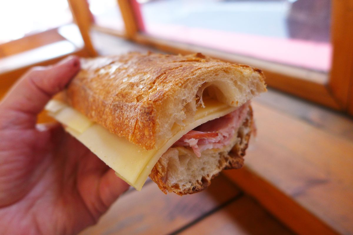 Like it says, a ham and cheese sandwich on a baguette.