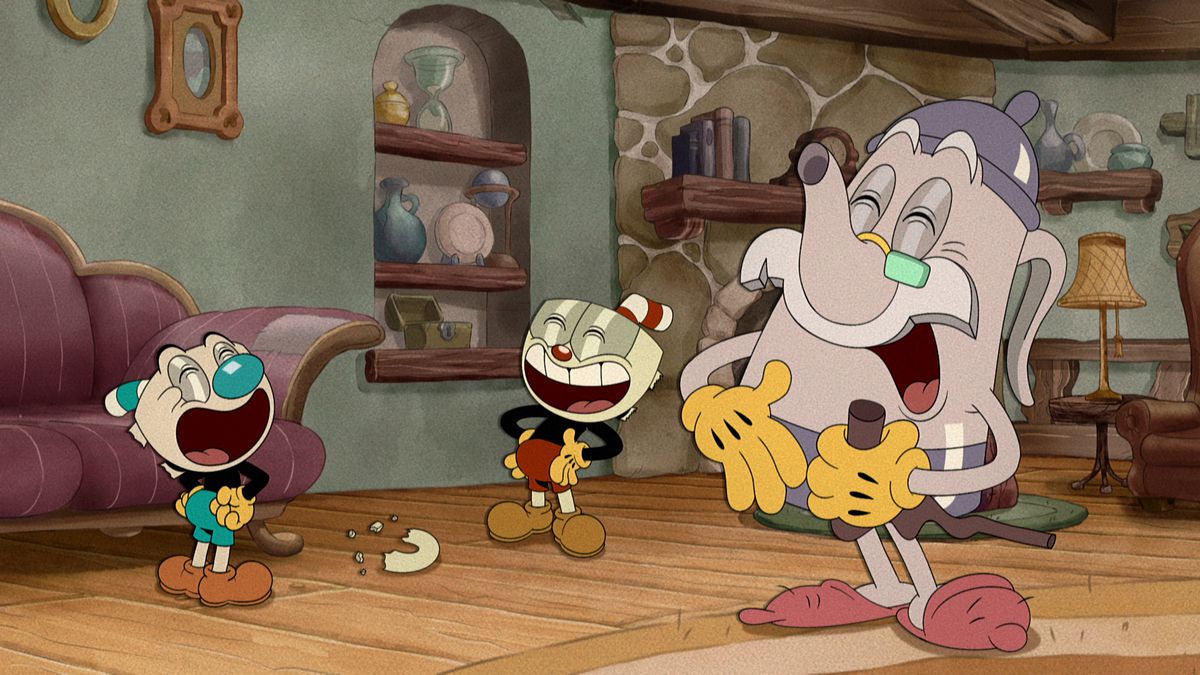 Cuphead, Elder Kettle and Mugman laugh in their living room 