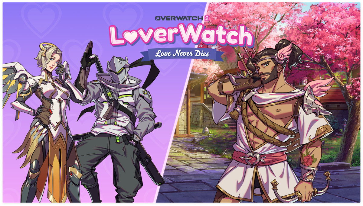Loverwatch: Love Never Dies art, showing the Mercy and Genji love interests, as well as Hanzo dressed as Cupid