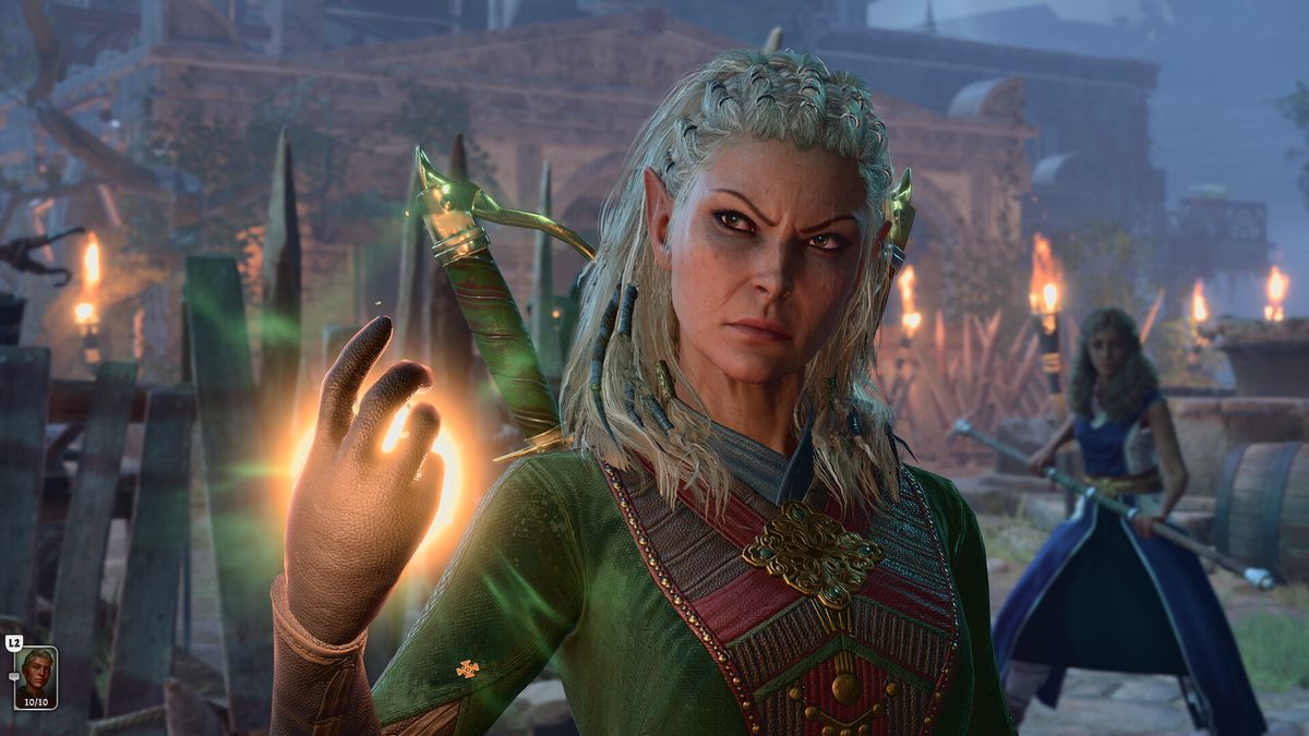 A half-elf spellcaster in Baldur’s Gate 3 looks off camera, preparing a glowing spell in their raised hand