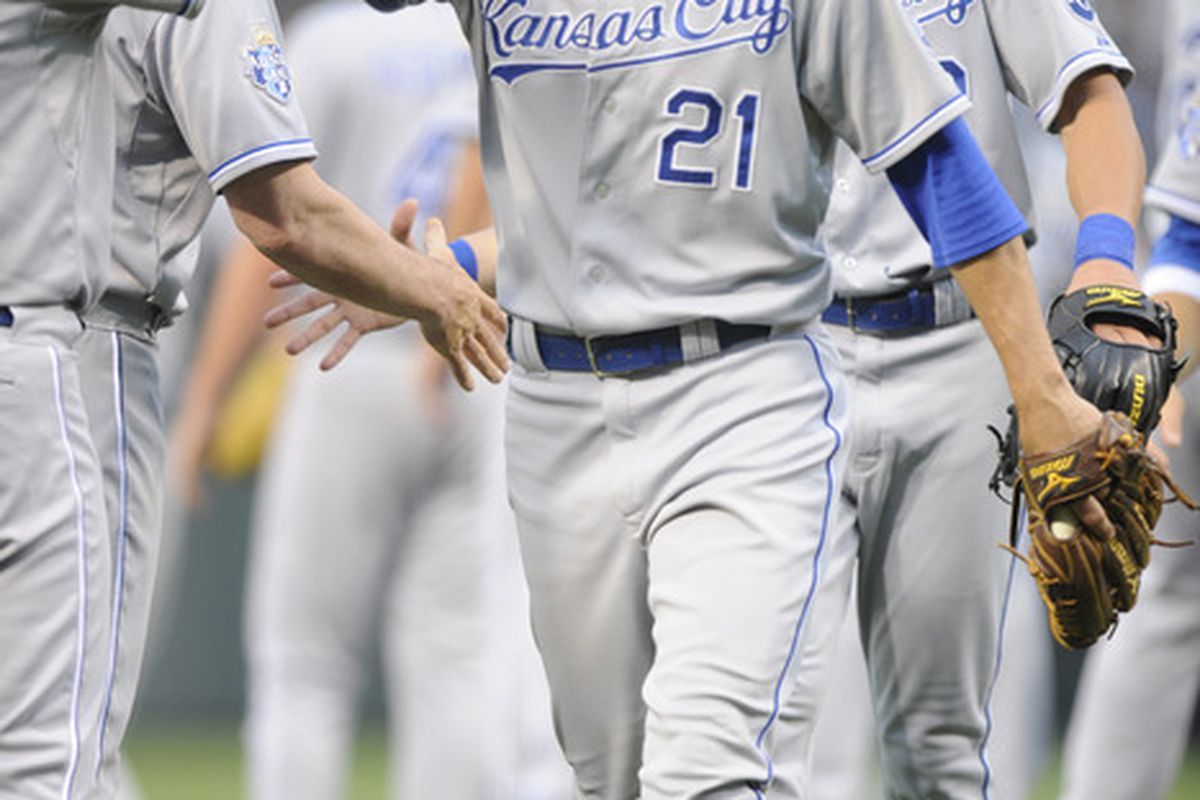 BALTIMORE, MD - MAY 26:  Jeff Francouer #2 of the Kansas City Royals celebrates a win after a baseball game against the Baltimore Orioles at Oriole Park at Camden Yards on May 26, 2012 in Baltimore, Maryland.  (Photo by Mitchell Layton/Getty Images)