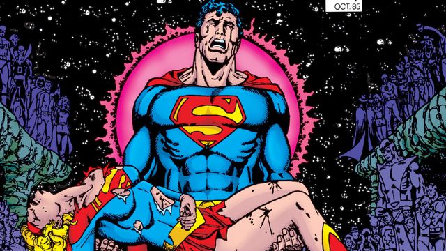 Superman cradles Supergirl’s broken body on the cover of Crisis on Infinite Earths #7, DC Comics (1985). 