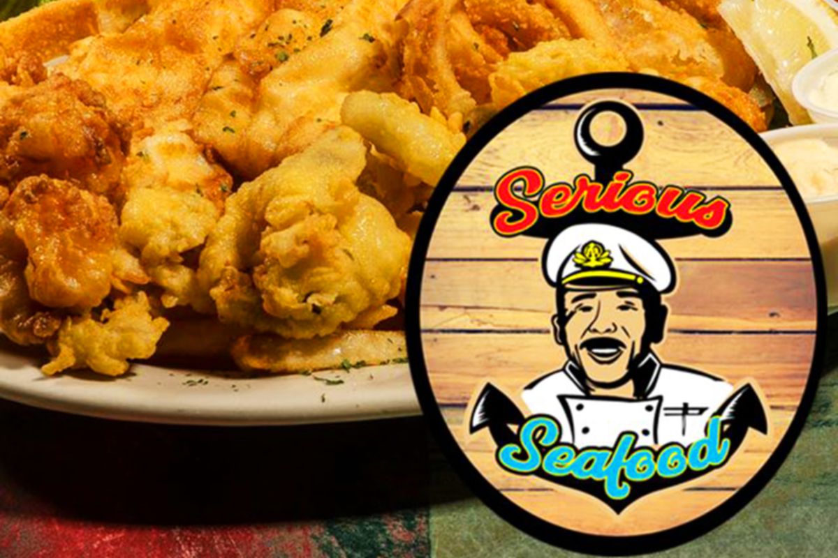 The nautical logo and a plate of fried fish, headed to the westside from Serious Seafood.