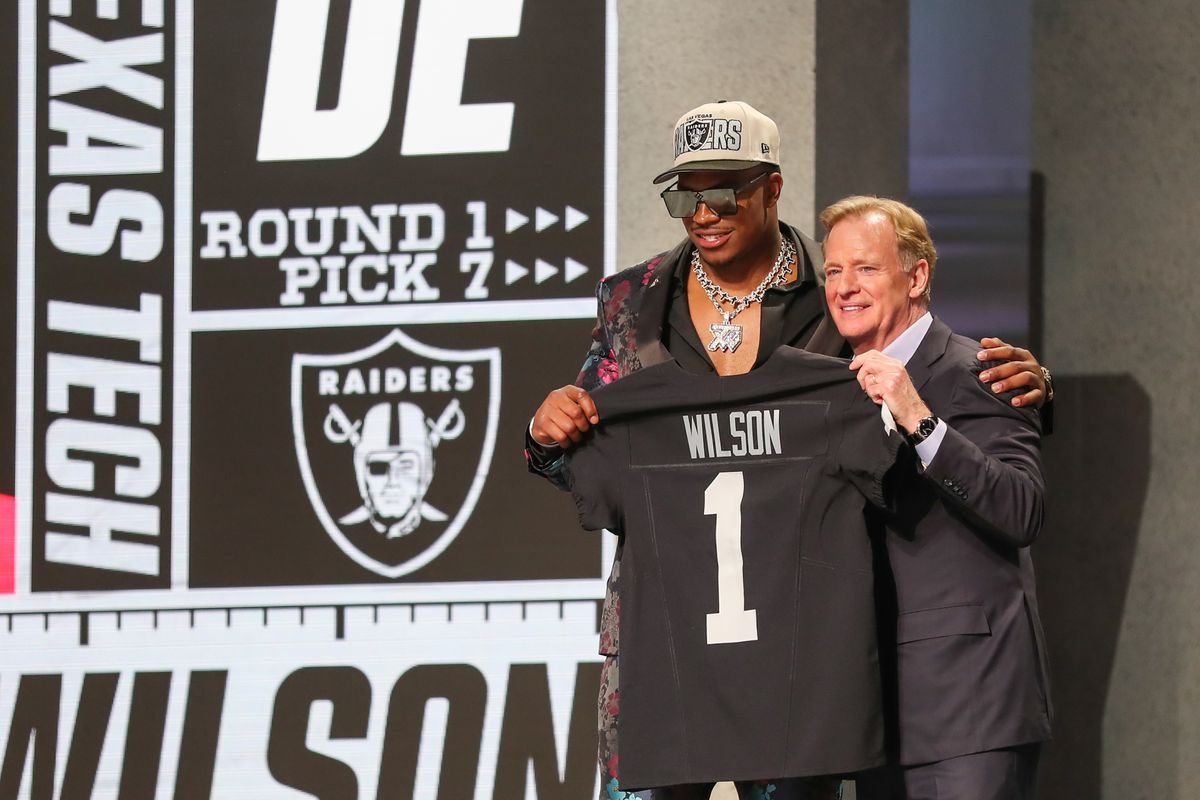 KANSAS CITY, MO - APRIL 27: Texas Tech defensive end Tyree Wilson holds a jersey5 with commissioner Roger Goodell after being drafted in the first round of the NFL Draft on April 27, 2023 at Union Station in Kansas City, MO.