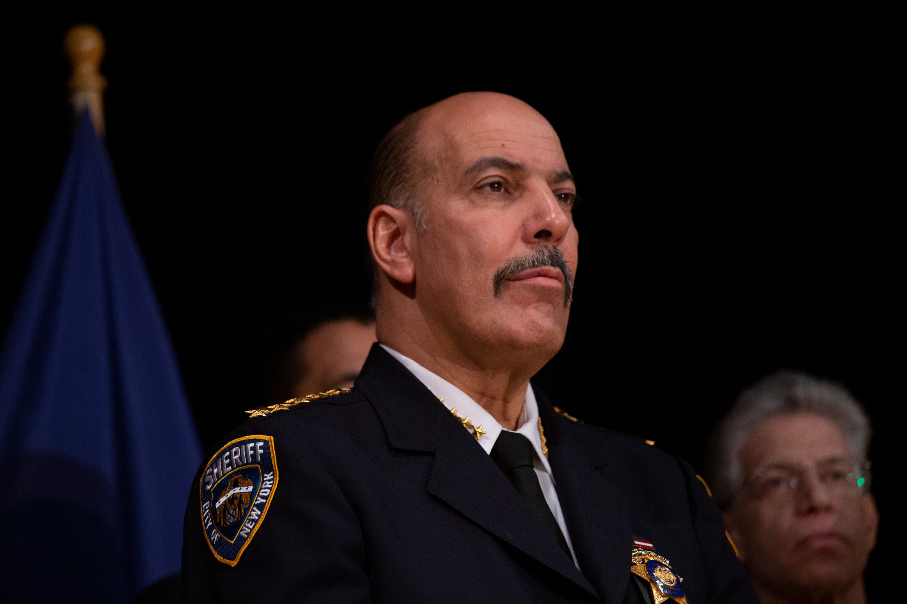 New York City Sheriff Anthony Miranda joins an Upper West Side press conference with the mayor and Manhattan DA about cracking down on unlicensed marijuana sellers.