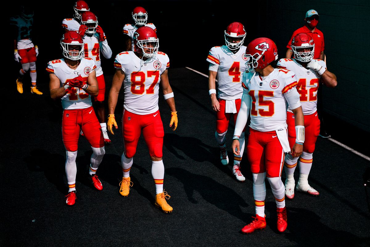 Patrick Mahomes #15 of the Kansas City Chiefs gets ready to take the field before the game against the Miami Dolphins at Hard Rock Stadium on December 13, 2020 in Miami Gardens, Florida.