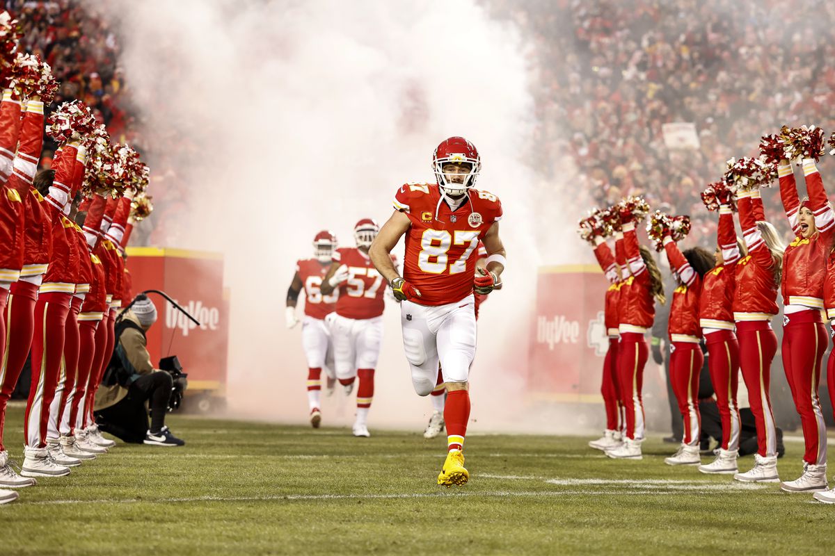 Travis Kelce #87 of the Kansas City Chiefs takes the field prior to the AFC Championship NFL football game between the Kansas City Chiefs and the Cincinnati Bengals at GEHA Field at Arrowhead Stadium on January 29, 2023 in Kansas City, Missouri.