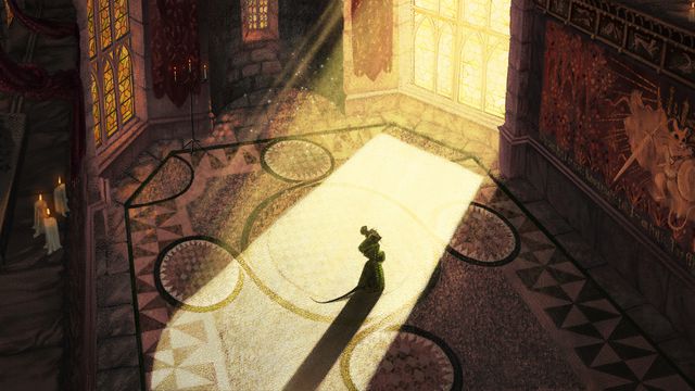 Redwall animated movie/series concept art by Pierre Breton has a mouse standing in an ornate room bathed in sunlight
