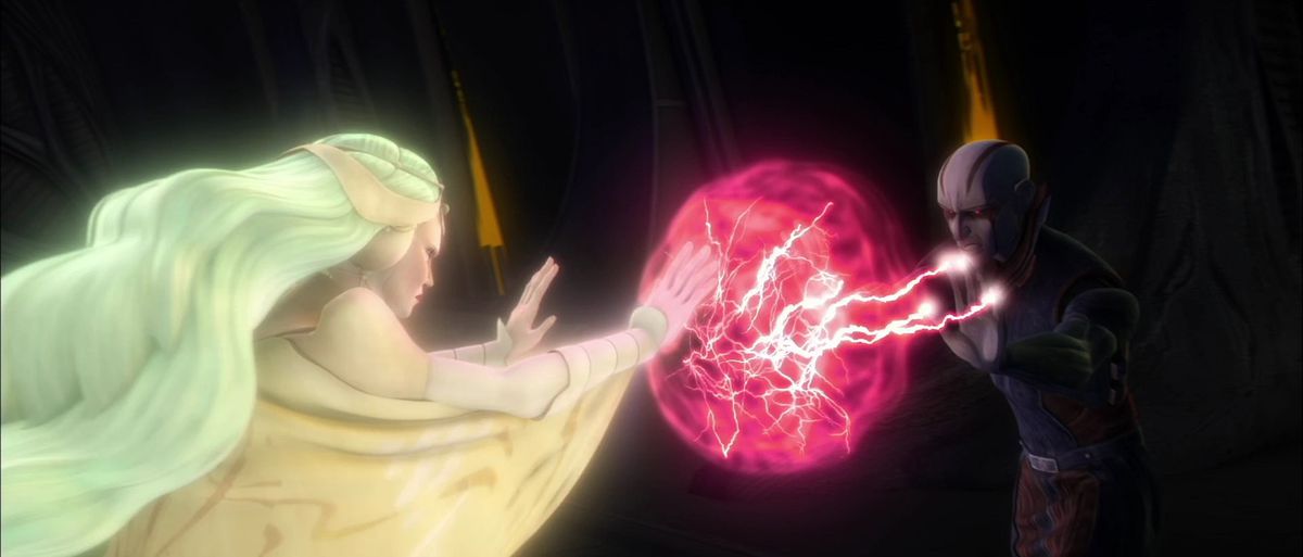 The Daughter and the Son battle via force lightning in Star Wars: Clone Wars. 
