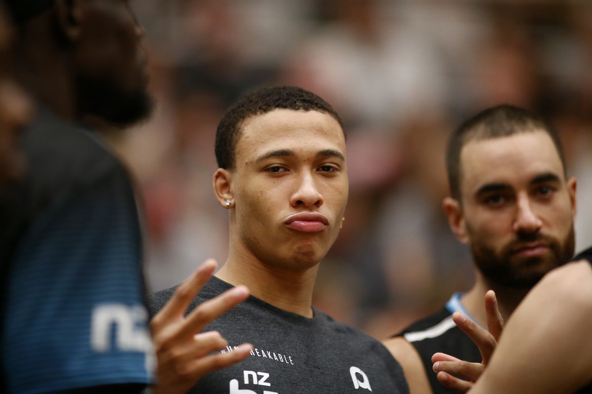 RJ Hampton of the Breakers looks on during the round 16 NBL match between the New Zealand Breakers and the Sydney Kings at TSB Stadium on January 17, 2020 in New Plymouth, New Zealand.