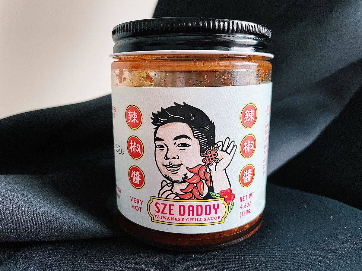 A jar of SZE Daddy chile oil.