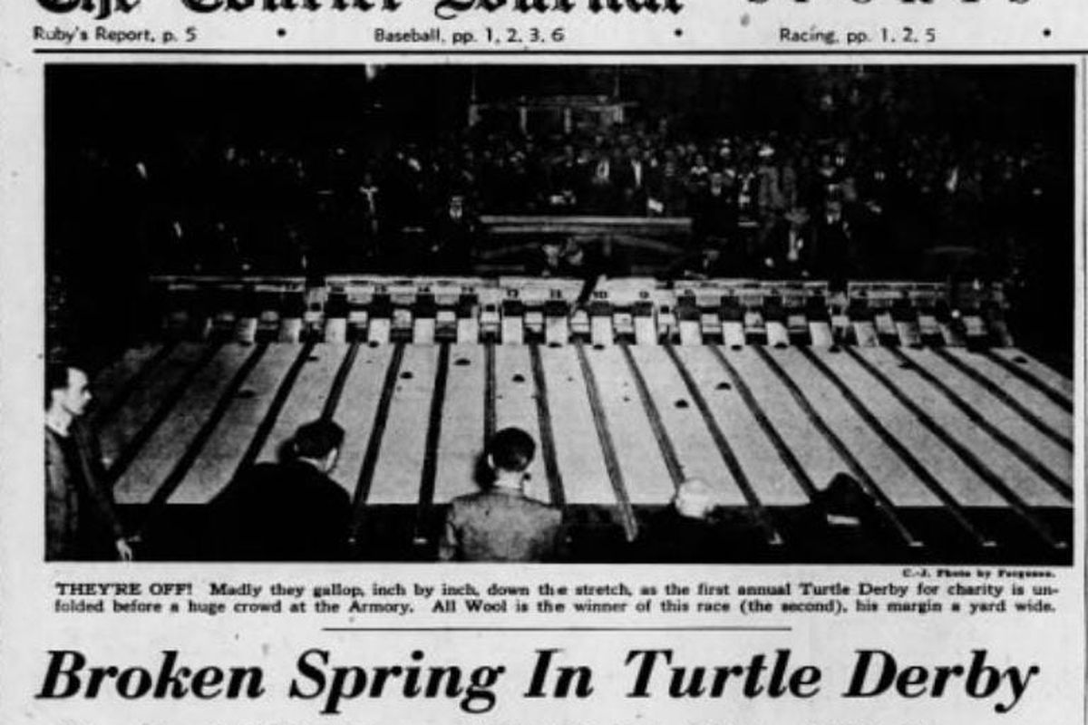 Page 5 of the Courier Journal sports section on May 6, 1945, featuring coverage of the first Kentucky Turtle Derby.