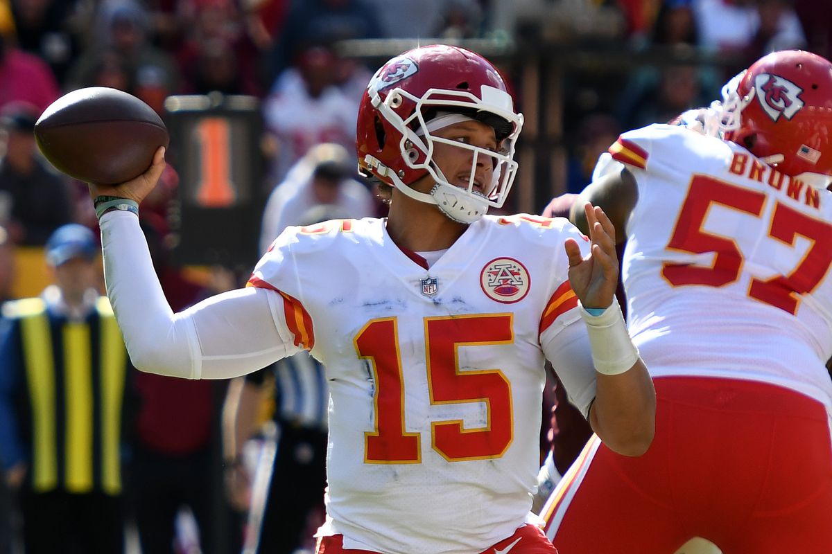 Patrick Mahomes #15 of the Kansas City Chiefs looks to throw the ball during the first half against the Washington Football Team at FedExField on October 17, 2021 in Landover, Maryland.