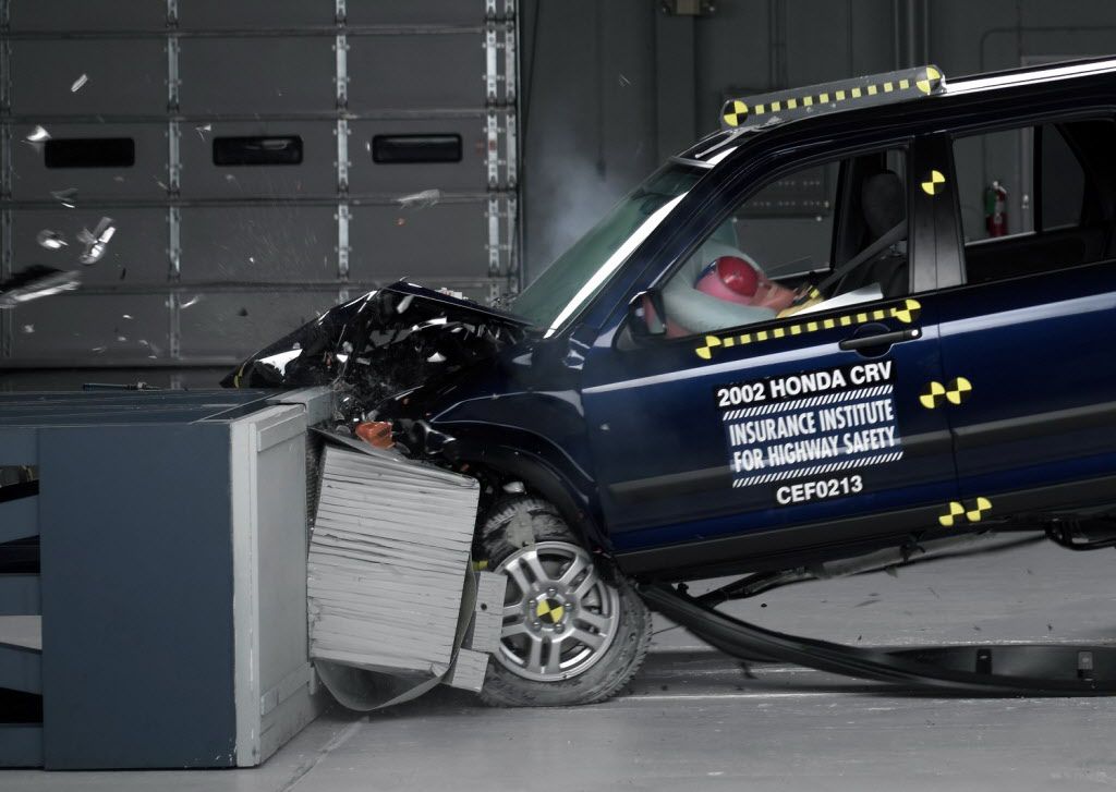 <small><strong>This undated file photo provided by the Insurance Institute for Highway Safety shows a crash test of a 2002 Honda CR-V, one of the models subject to a recall to repair faulty air bags in 2014.</strong> </small>