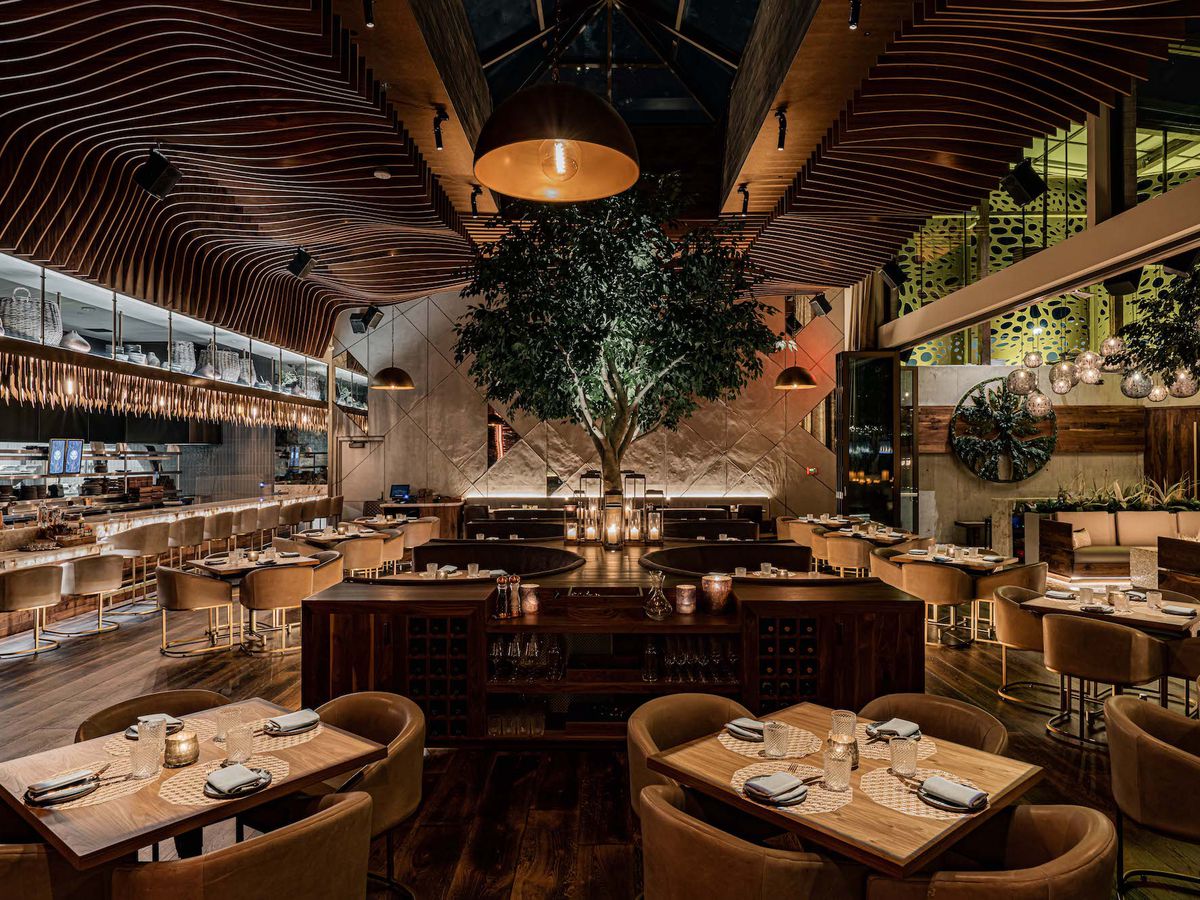 A restaurant dining room with a tree in the middle