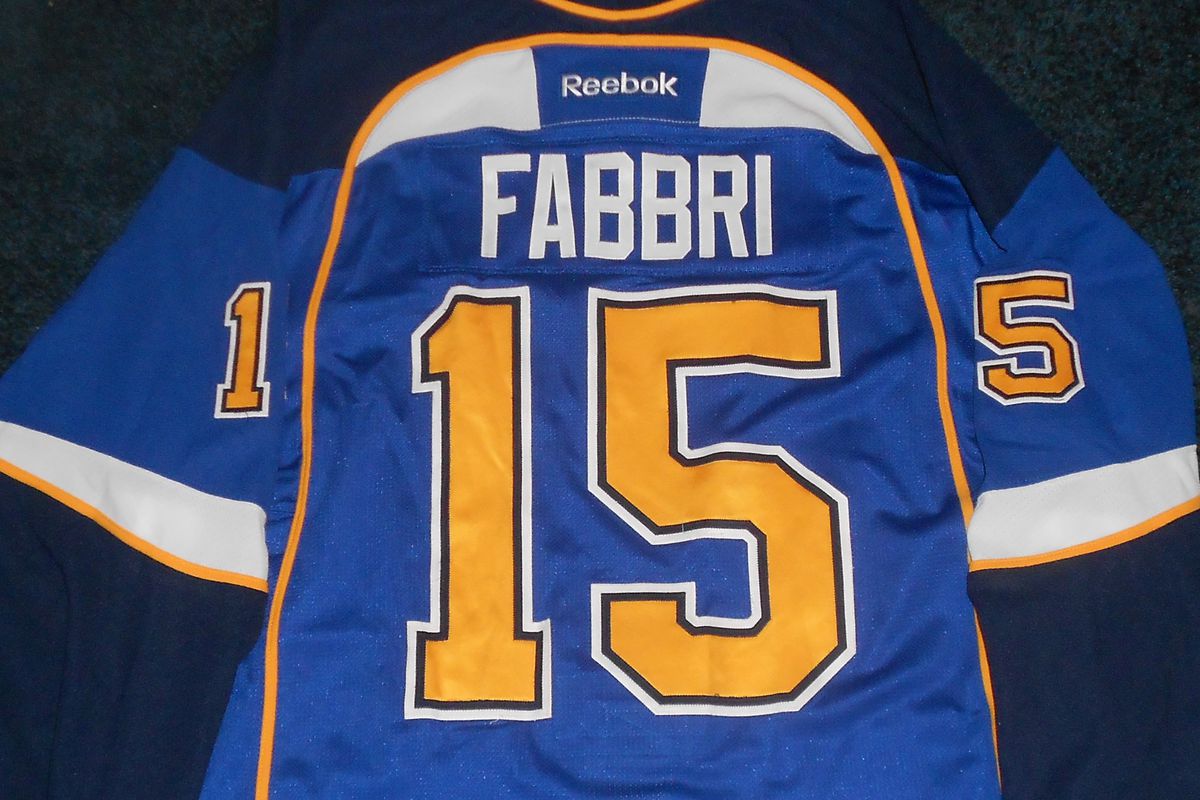 Game worn 2014 Robby Fabbri Blues jersey worn at Traverse City