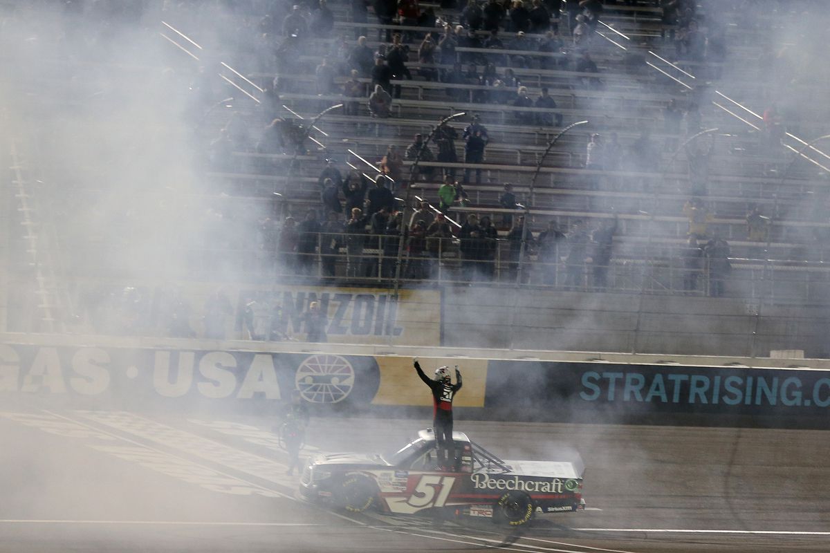 Kyle Busch, driver of the #51 Cessna Toyota, does a burnout after winning the the NASCAR Gander RV &amp; Outdoors Truck Series Strat 200 at Las Vegas Motor Speedway on February 21, 2020 in Las Vegas, Nevada.