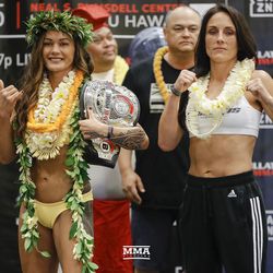 Ilima-Lei Macfarlane and Valerie Letourneau pose at Bellator 213 weigh-ins.
