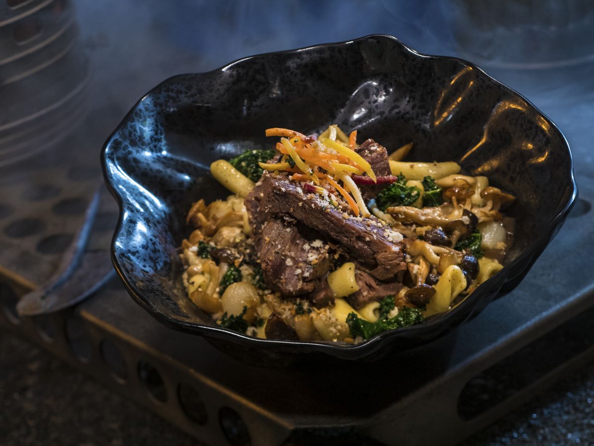 Roasted meat with pasta in a dark bowl.