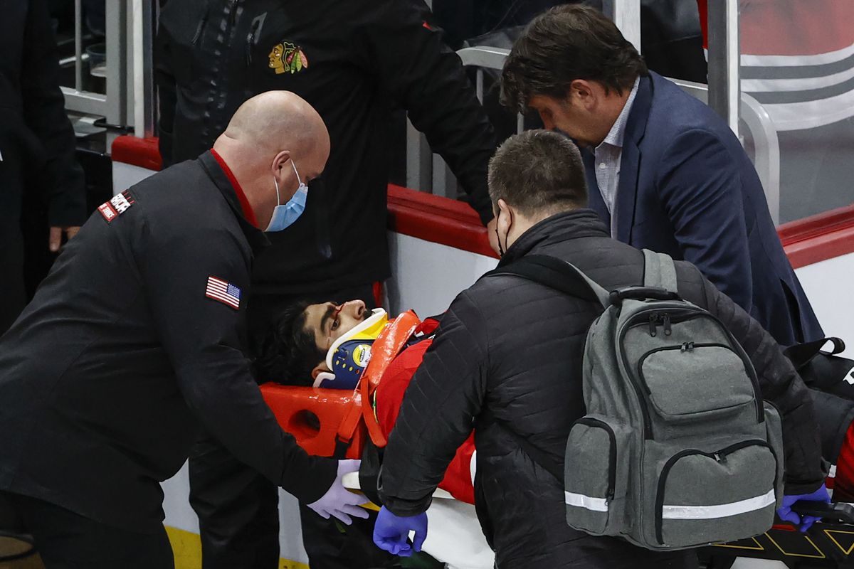 Jujhar Khaira was carried off in a stretcher during the Blackhawks game Tuesday.